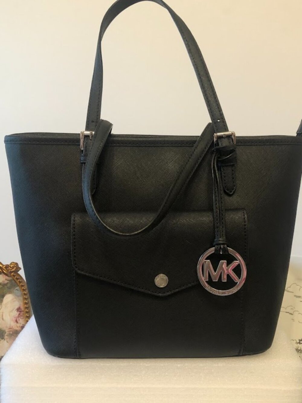 Michael Kors Black Medium Size Jet Set Leather Zip Top Tote